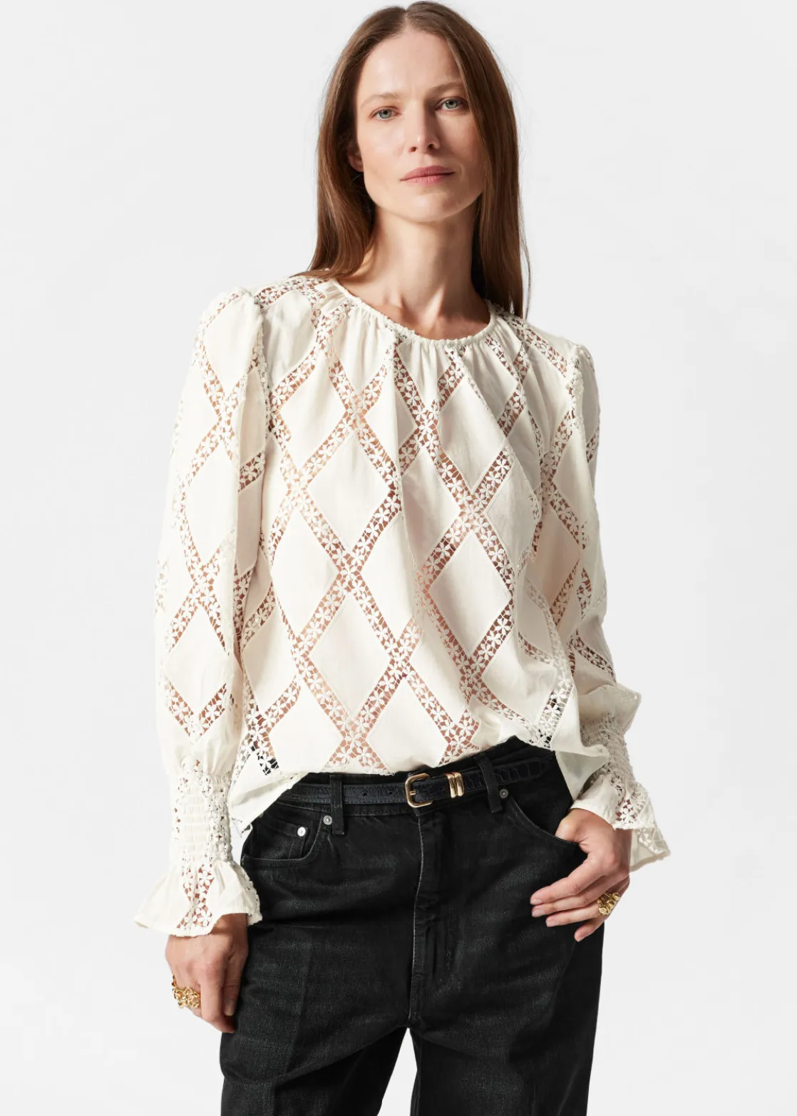 Embroidered Frill-Cuff Blouse