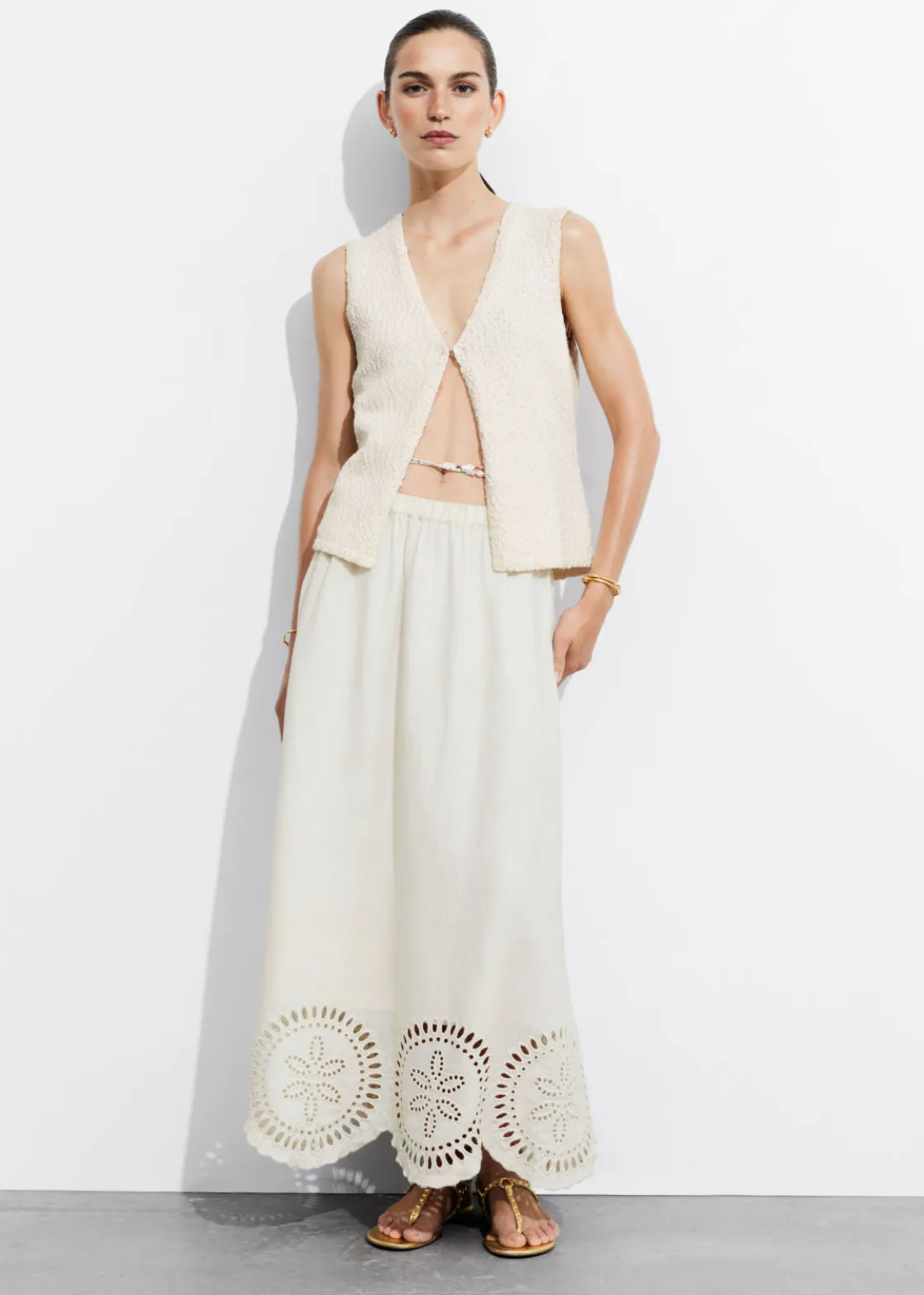 Embroidered Linen Midi Skirt