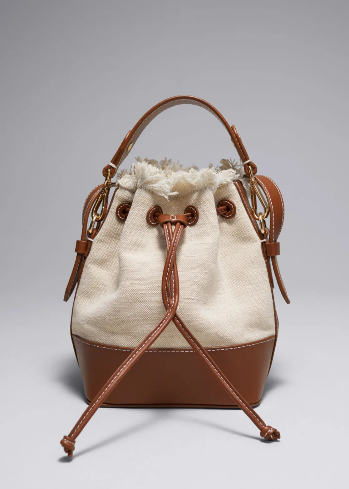 Leather-Trimmed Canvas Bucket Bag