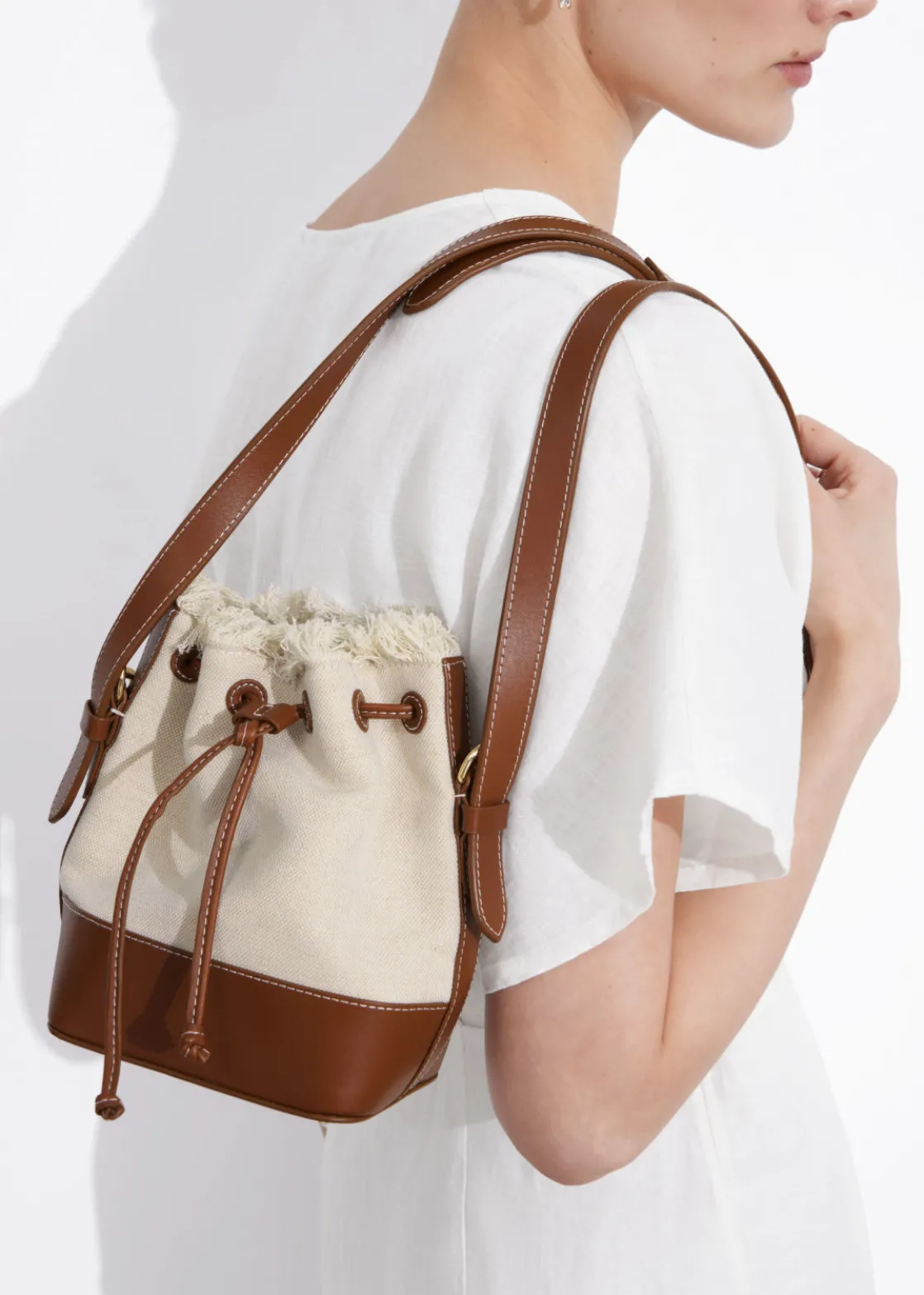 Leather-Trimmed Canvas Bucket Bag