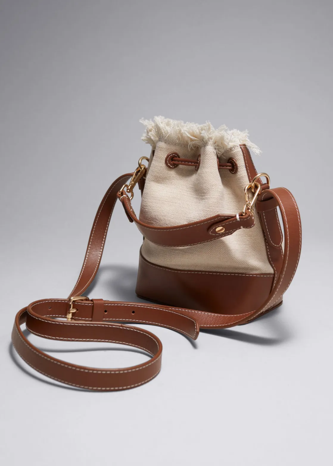 Leather-Trimmed Canvas Bucket Bag