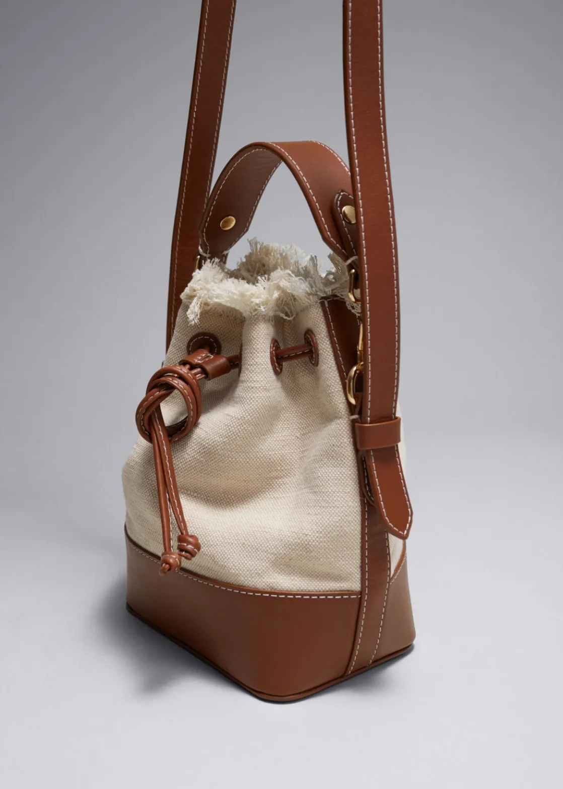 Leather-Trimmed Canvas Bucket Bag