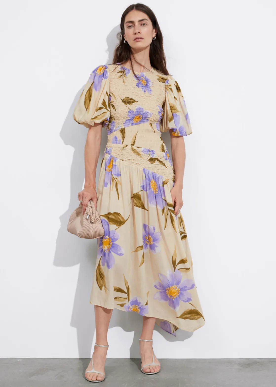 Smocked Asymmetric Midi Dress